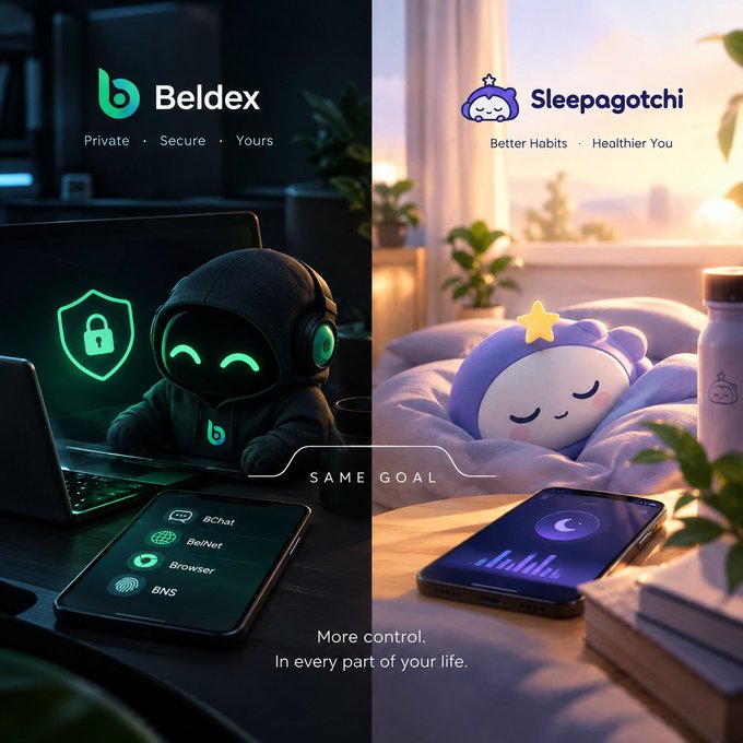 A split-screen promotional graphic featuring Beldex on the left with the tagline 'Private • Secure • Yours' showing a hooded character with glowing green headphones at a laptop beside a shield-lock icon, and a phone displaying BChat, BelNet, Browser, and BNS, alongside Sleepagotchi on the right with 'Better Habits • Healthier You' showing a purple star-topped sleeping character on a pillow with a moon-phase phone, connected by 'SAME GOAL' and 'More control. In every part of your life.'