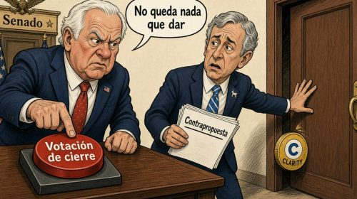 A political cartoon in Spanish featuring two senators at the 'Senado,' with one saying 'No queda nada que dar' (There is nothing left to give) and a 'Votación de cierre' (Closing vote) button.