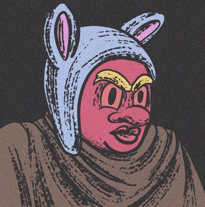 A comic-style illustration of a pink-faced character wearing a grey animal-eared hood and brown scarf against a dark background, drawn in a vintage comic book art style.