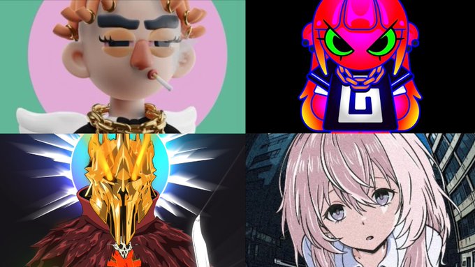 The image is a 2x2 grid of NFT-style artworks featuring four distinct digital art pieces: a 3D-rendered character with a gold chain and cigarette, a colorful neon-hooded figure with glowing green eyes, a golden masked figure with large wings, and an anime-style girl with pale hair against a dark background. The collage relates to the post as a showcase of top female artists' NFT collections, with the user noting 3 out of 4 spots on a whitelist (WL), wondering if they are "gmi" (going to make it) in the NFT space.