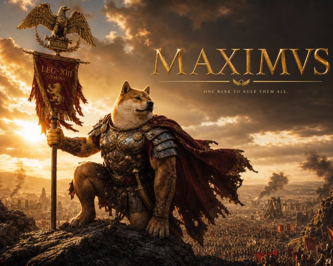 The image features a cartoon dog dressed as a Roman soldier, holding a shield and standing atop a rock formation with an eagle perched above him. The background of the image shows a sunset over a cityscape, creating a dramatic atmosphere. The caption "Doge. Deus. Dogeus." is written in white text at the bottom of the image.