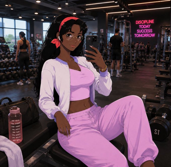 An anime-style illustration shows a young woman with long dark hair and a red headband wearing a pink crop top and sweatpants, sitting in a gym while holding a phone, with a neon sign reading 'DISCIPLINE TODAY SUCCESS TOMORROW' in the background.