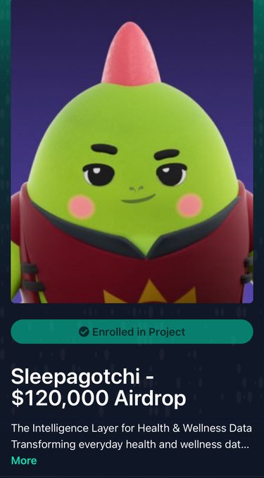 An app interface showing a 3D green character with a red spike, with a banner reading 'Sleepagotchi - $120,000 Airdrop' and 'Enrolled in Project', describing it as 'The Intelligence Layer for Health & Wellness Data'.
