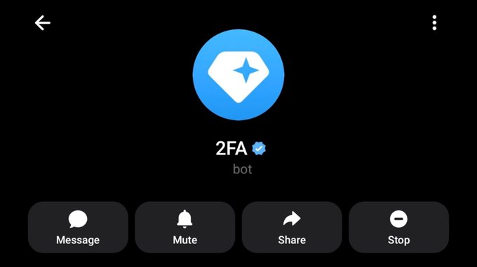A screenshot of a Telegram bot profile for a 2FA (two-factor authentication) bot, featuring a blue diamond logo and options to Message, Mute, Share, and Stop.