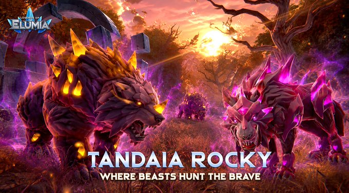 A fantasy game promotional banner for 'ELUMIA' showing two glowing wolves with the text 'TANDAIA ROCKY - WHERE BEASTS HUNT THE BRAVE'.