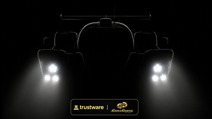 A dark silhouette of a race car with illuminated headlights against a black background, featuring 'trustware' and 'Carrera Cup Italia' logos at the bottom.