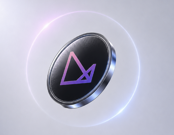 A 3D rendered graphic of a dark cryptocurrency coin with a pink and purple triangular logo, surrounded by a glowing purple ring against a light background.