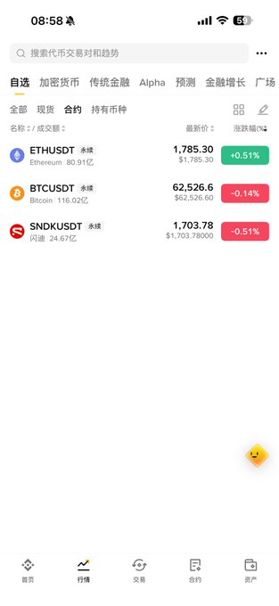 A cryptocurrency trading app screenshot (in Chinese) showing prices for ETHUSDT at $1,785.30, BTCUSDT at $62,526.6, and SNDKUSDT at $1,703.78, timestamped 08:58.