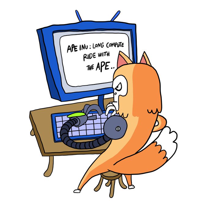 A cartoon fox is sitting at a computer terminal that displays the text "APE INU: LONG COMPUTE RIDE WITH THE APE..." while holding a key with a gas mask. The image humorously promotes the "ape inu" meme coin, tying the playful ape-inu (ape + artificial inu) branding to a nostalgic, worn-out computer aesthetic that fits the post's contract address.