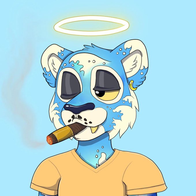 A cartoon illustration of a blue and white furry character smoking a cigar, wearing a yellow shirt, with a glowing yellow halo floating above their head.
