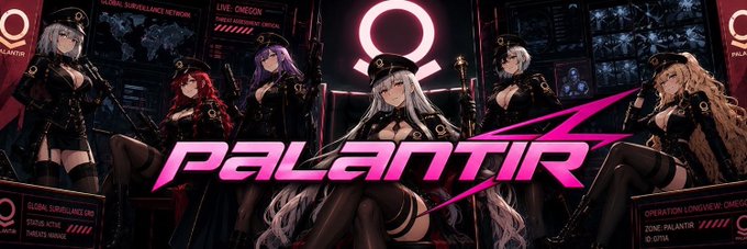 A promotional graphic for the $PLTR token on Robinhood Chain, featuring five anime-style female characters in dark, cyberpunk-inspired military outfits against a surveillance-themed backdrop with "PALANTIR" displayed in large pink text and styled like an anime poster to reinforce the project's unique branded identity.