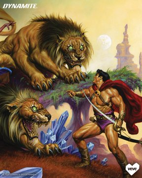 The image depicts a sword-wielding warrior in a red cape confronting two fierce, monstrous lions on a rocky outcrop, with a domed city and moon visible in the background. The artwork bears "DYNAMITE" branding at the top left and "veve" logo at the bottom right, matching the post announcing the Joe Jusko "Warriors of Mars" painting auction on the VeVe platform.