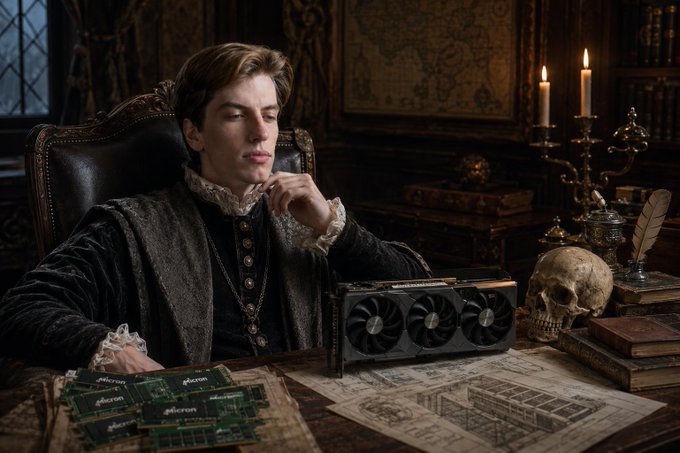 A man dressed in Renaissance-style clothing sits at a desk with circuit boards, a modern graphics card (GPU), a human skull, and a quill pen, blending historical and modern technology themes.