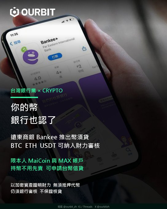 A promotional post from OURBIT about 'Bankee+', a Far Eastern International Bank app in Taiwan that now accepts crypto assets (BTC, ETH, USDT) for wealth assessment and offers TWD loans to MaiCoin and MAX account holders.