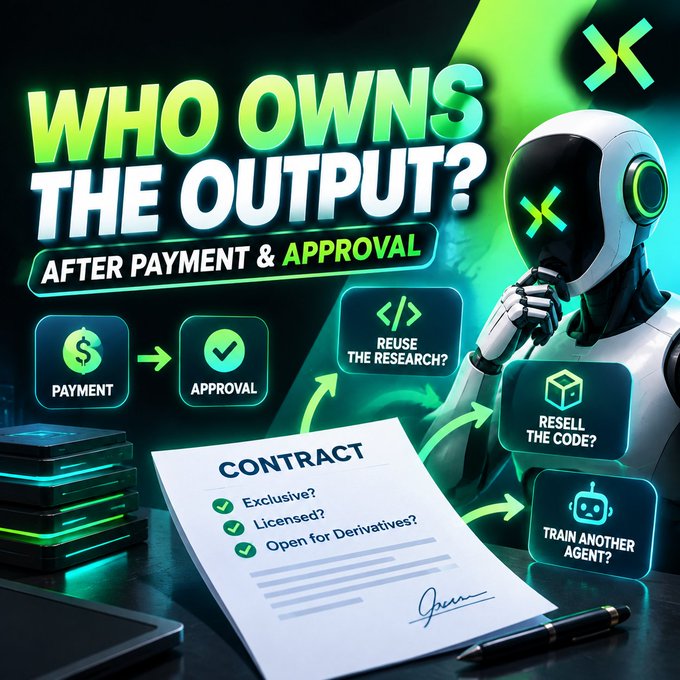 A graphic asking 'WHO OWNS THE OUTPUT?' with 'AFTER PAYMENT & APPROVAL', showing a robot, a contract, and options like 'PAYMENT', 'APPROVAL', 'REUSE THE RESEARCH?', 'RESELL THE CODE?', and 'TRAIN ANOTHER AGENT?'.