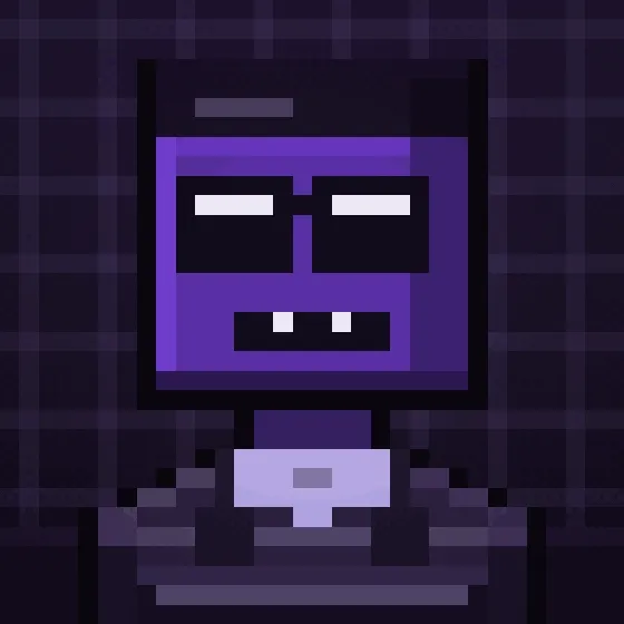 Pixel art image of a purple character with a blocky head, wearing black sunglasses showing a glowing smile, and a striped shirt, set against a dark purple checkered background.