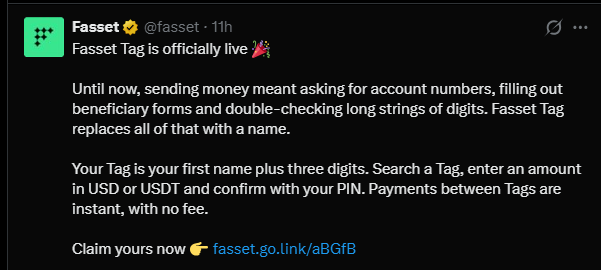 A tweet from Fasset (@fasset) announcing that 'Fasset Tag is officially live', allowing users to send money using a first name plus three digits in USD or USDT, with a link to claim at fasset.go.link/aBGfB.