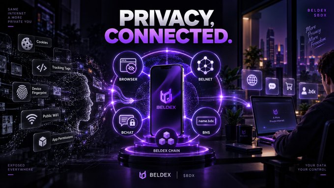 A promotional graphic for Beldex with the headline "PRIVACY, CONNECTED." featuring a central smartphone displaying the Beldex logo, surrounded by icons for Browser, BelNet, BChat, BNS, and threats like Cookies, Tracking Tags, and Device Fingerprint.