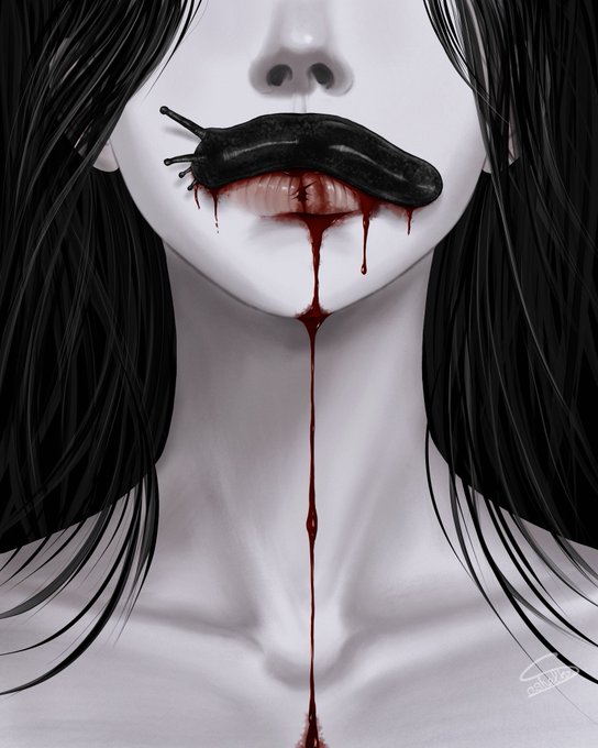 The image features a woman with long hair, her face painted white, and a slug or snail placed over her mouth. The snail appears to be alive and dripping blood onto her face. The background of the image is black, which contrasts with the white face paint and the slimy appearance of the slug. The post that accompanies this image reads: "Still have some left 25/101  •  1xtz objkt.com/tokens/KT1Q1Zt ...".