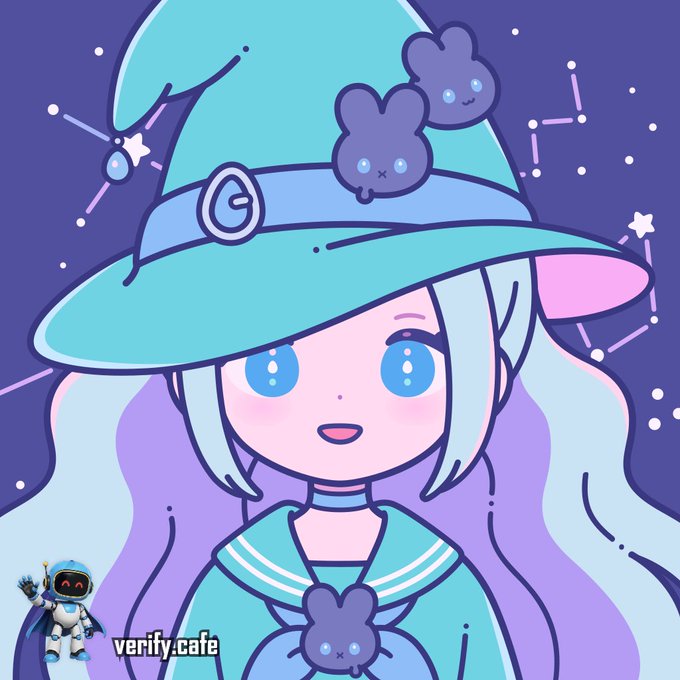 An anime-style illustration of a character with long light blue hair wearing a large teal witch hat and outfit, decorated with small purple cloud characters, set against a starry purple background with a 'verify.cafe' watermark.