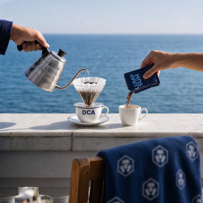 Two hands collaborate over a marble ledge by the sea—one pouring water from a stainless steel kettle into a pour-over cone over a "DCA" branded cup, while the other sprinkles "LUMP SUM" coffee grounds into a second cup, showcasing a scenic brewing ritual. The image complements the post by visually inviting viewers to share their own preferred coffee brewing method against a serene ocean backdrop.