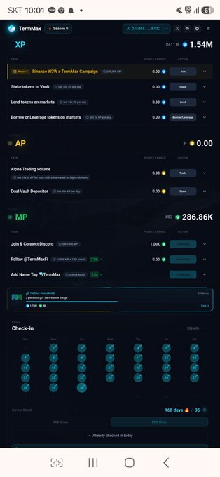 A TermMax DeFi platform interface showing XP, AP, and MP token sections with various tasks, current balances of 1.54M XP and 286.86K MP, and a 168-day check-in streak with 35 points.