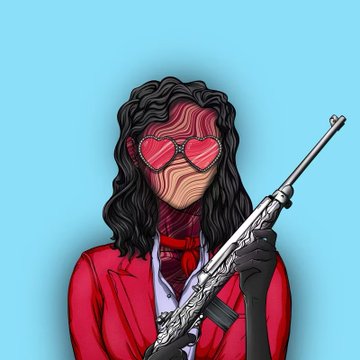A stylized illustration of a figure in a red jacket with long dark hair and heart-shaped sunglasses holding a silver rifle against a blue background.