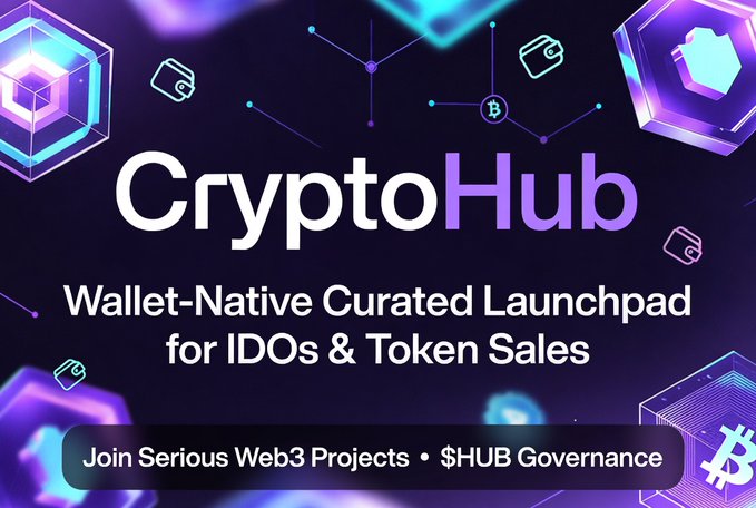 A purple promotional graphic for 'CryptoHub', a wallet-native curated launchpad for IDOs and token sales, featuring $HUB governance.