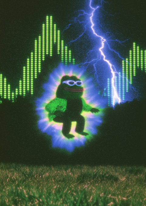 A psychedelic digital artwork featuring a fuzzy, dark cartoon character surrounded by a vibrant green and blue aura, set against a black background with green equalizer bars and dramatic blue lightning.