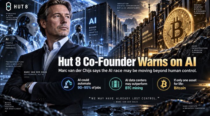 A promotional graphic titled "Hut 8 Co-Founder Warns on AI" featuring Marc van der Chijs, with text noting "AI could automate 90-95% of jobs," "AI data centers may outperform BTC mining," and "If only one asset for life: Bitcoin."