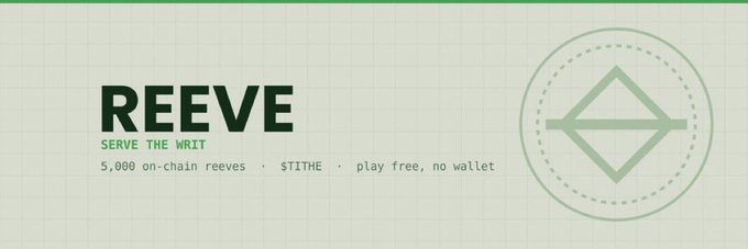 The image is a promotional banner for "REEVE - SERVE THE WRIT," featuring a green geometric logo and highlighting key details: 5,000 on-chain reeves, $TITHE ticker, and "play free, no wallet," which supports the accompanying giveaway post offering 25 whitelist spots for the Reevewrld NFT collection minting at 0.00061 ETH with a 5,000 supply.