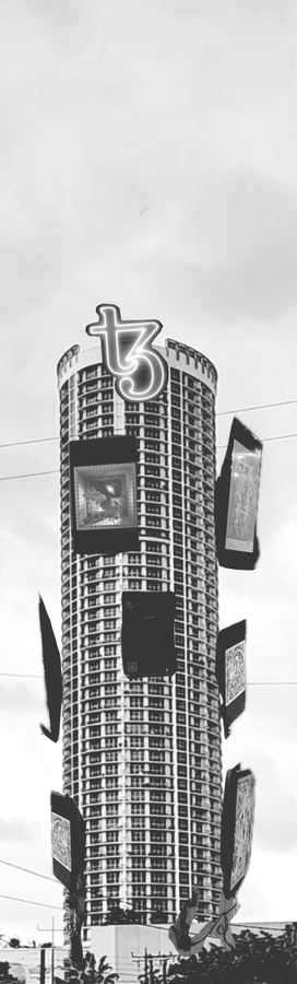 A black-and-white surreal image of a tall cylindrical building with a "t3" logo on top, surrounded by floating retro television sets with distorted, screaming faces on their screens.