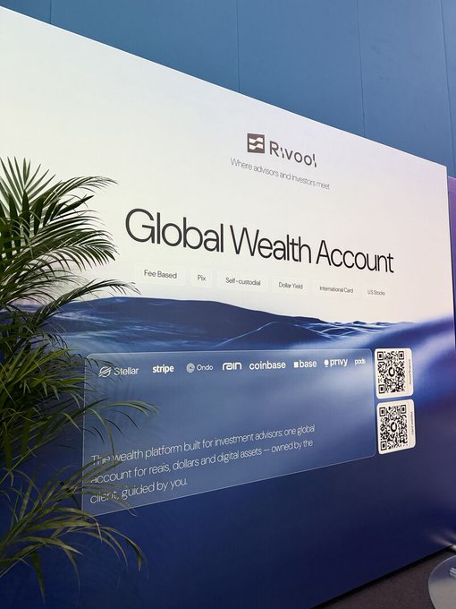 An indoor advertisement wall for the 'Rivoo Global Wealth Account' — 'Where advisors and investors meet' — featuring partner logos for Stellar, Stripe, Ondo, rain, coinbase, base, privy, and Circle, along with two scannable QR codes.