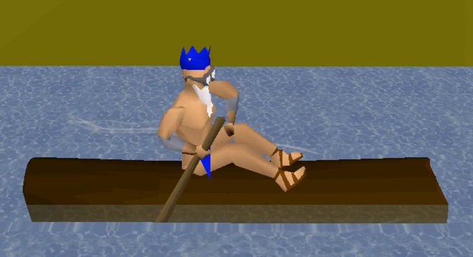 A low-poly 3D animation of a king with a blue crown and beard rowing a wooden boat on water.