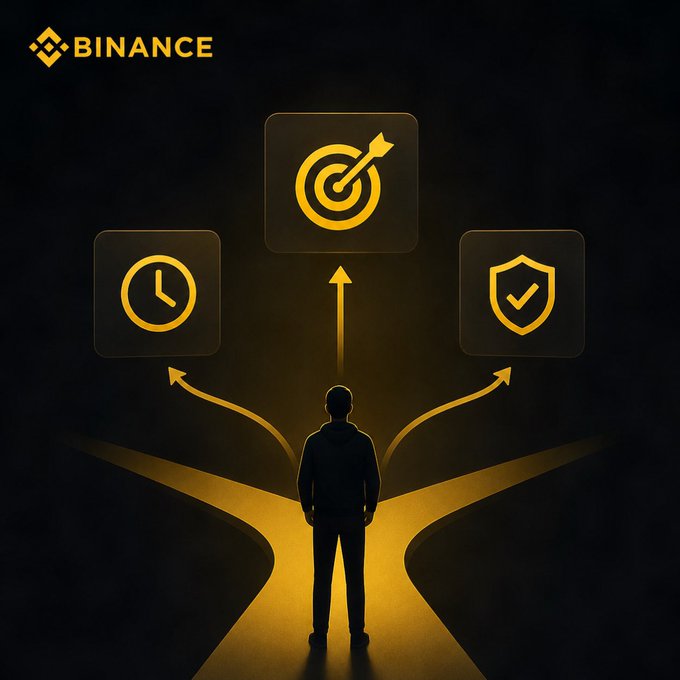 A Binance promotional graphic showing a silhouetted figure at a crossroads with arrows pointing to three icons: a target (goals), a clock (timing), and a shield with a checkmark (security).