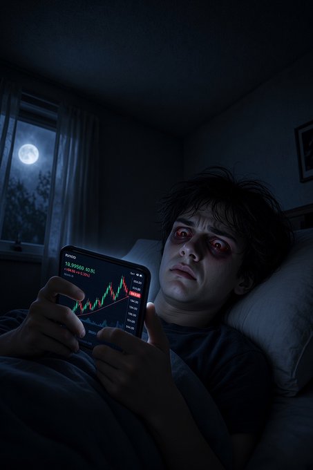 A dark, realistic illustration of a wide-eyed person in bed at night, illuminated by a phone screen displaying a financial trading chart with a sharp decline.