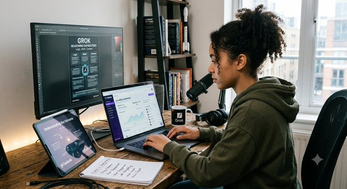 A woman works at a desk with a laptop displaying 'GROK' on its screen alongside a desktop monitor showing 'Understanding VR Workflow' content.