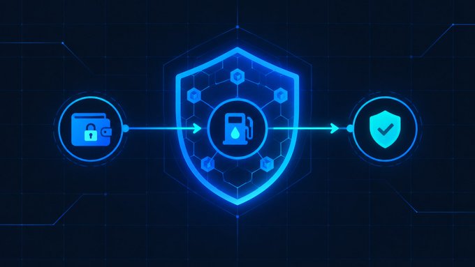 Digital illustration showing a central shield with a fuel pump icon, flanked by a wallet/lock icon and a security shield with checkmark, representing blockchain security or fuel infrastructure.
