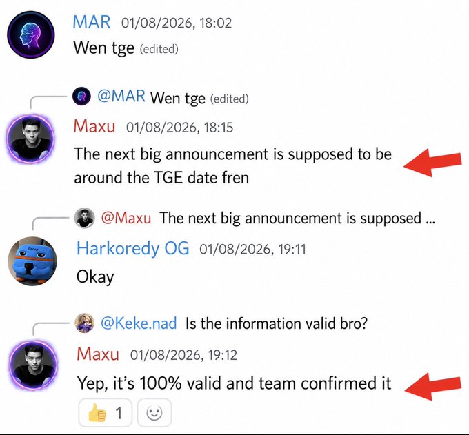 A Discord conversation shows user "Maxu" stating that the next big announcement will be around the TGE date, and later confirming in reply to "Keke.nad" that the information is "100% valid and team confirmed it," highlighting the upcoming Perceptron Network TGE and airdrop news referenced in the post.