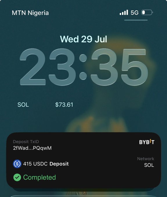 A phone lockscreen from MTN Nigeria shows a completed BYB[T] deposit of 415 USDC on the SOL network (TxID: 2fWad...PQqwM), dated Wed 29 Jul at 23:35, thanking @moonpay for facilitating the transaction.