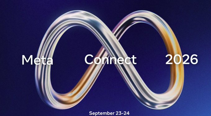 A promotional image for 'Meta Connect 2026' displays a large metallic silver infinity symbol against a deep blue background, with the event dates 'September 23-24' listed below.
