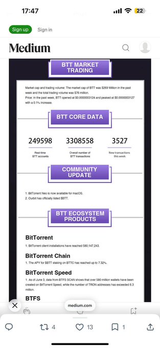 The image shows an online screenshot of a social media post from Medium titled "Over the past week, BitTorrent has delivered a report card that's very much worth paying attention to." The post highlights several updates by BitTorrent, including its successful launch on macOS for iOS, BTT going live on Orbit, and various other achievements. The caption also mentions how these updates relate to Bitcoin Core data. There are also some mentions of other cryptocurrencies like Ripple, and several people have viewed the post and left their thoughts in the comments section below.