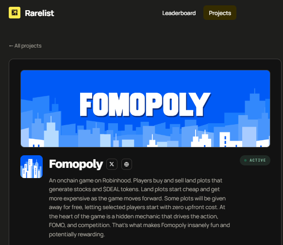 A Rarelist project page for “Fomopoly” shows a blue banner reading “FOMOPOLY,” an “ACTIVE” badge, and a description of an on-chain Roblox game involving land plots, stocks, $DEAL tokens, FOMO, and competition.
