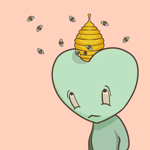 A cartoon illustration of a green character with a sad expression and a golden beehive on its head, surrounded by several small flying bees against a peach background.