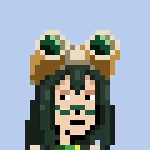 A pixel art illustration depicting a character with green goggles, dark hair, and green face markings against a light blue background.