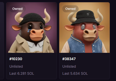 A digital collectible interface showing two 3D bull character NFTs (#10230 and #38347) labeled as 'Unlisted' with their last SOL prices.