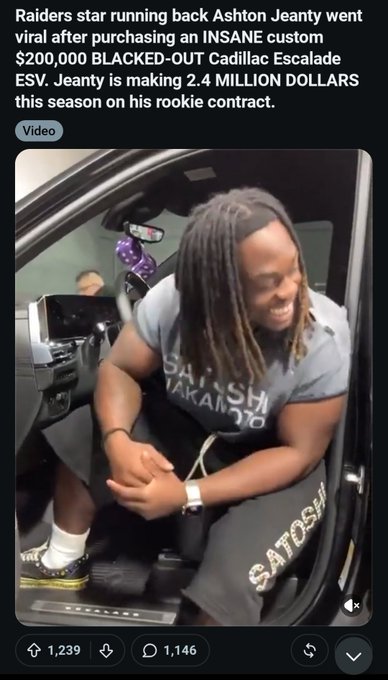 A news clip showing Raiders player Ashton Jeanty sitting in a car, with text describing his purchase of a custom $200,000 blacked-out Cadillac Escalade.