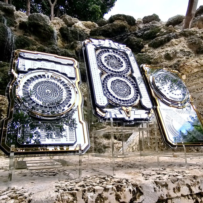 Three ornate, metallic decorative plaques or awards with intricate circular designs and numbers, displayed on clear acrylic stands on a stone surface with rocks and foliage in the background.