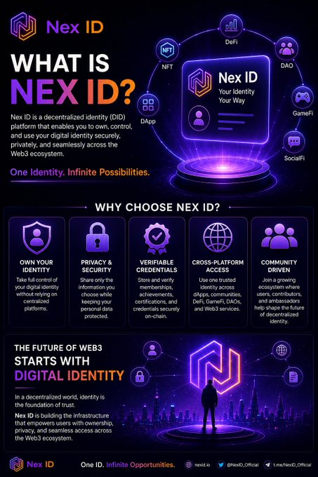 A promotional infographic for 'Nex ID' explaining it as a decentralized identity (DID) platform, featuring sections 'What is Nex ID?', 'Why Choose Nex ID?', and 'The Future of Web3 Starts with Digital Identity'.