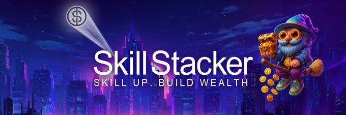 A banner for 'Skill Stacker' displays the tagline 'SKILL UP. BUILD WEALTH' alongside a cartoon wizard owl on a broomstick against a purple cityscape background.